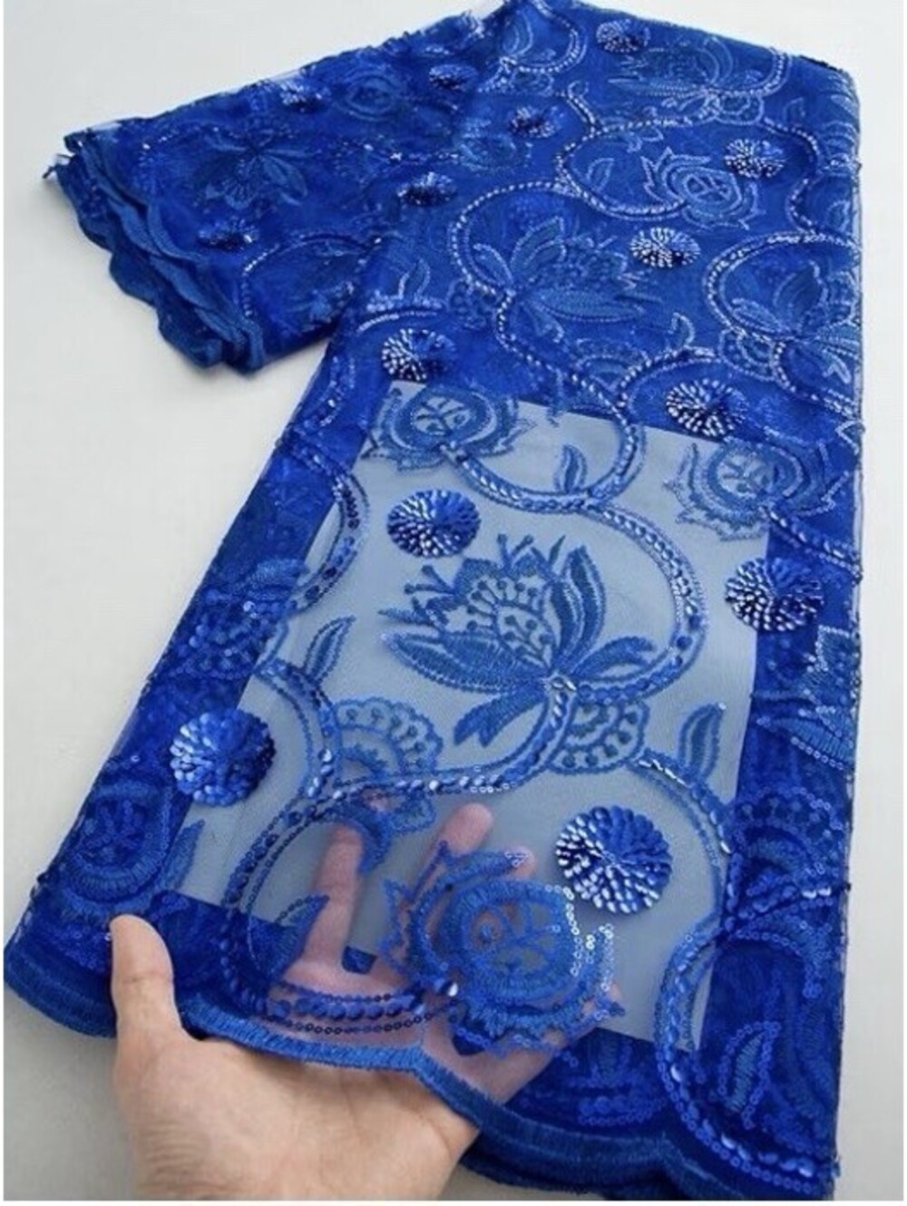 African Lace Fabric 5 Yards, Mesh Embroidered Sequins Fabric Royal Blue New